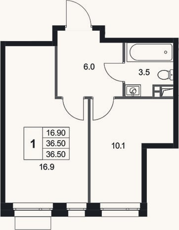 Планировка: 1-к, 36,5 м²