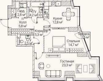 Планировка: 2-к, 70,8 м²