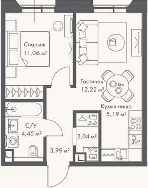 Планировка: 2-к, 39 м²