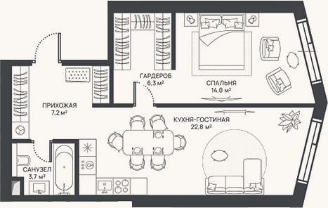 Планировка: 2-к, 54 м²
