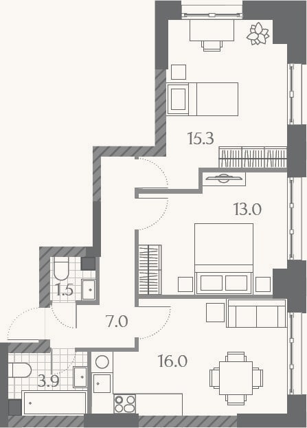 Планировка: 3-к, 54,7 м²