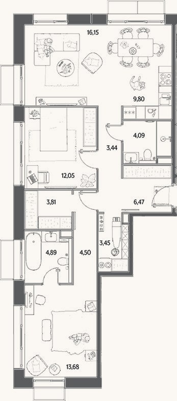 Планировка: 3-к, 87,7 м²