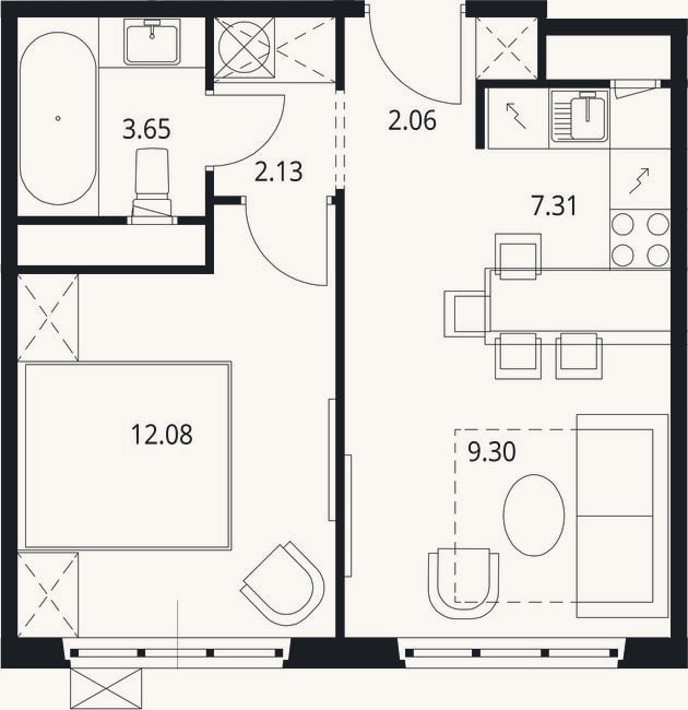 Планировка: 2-к, 36,5 м²