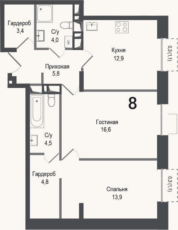 Планировка: 2-к, 65,9 м²