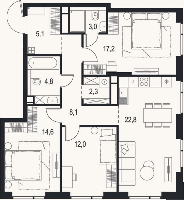 Планировка: 4+ к, 89,9 м²