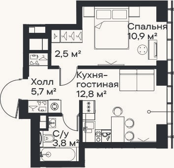 Планировка: 2-к, 35,8 м²