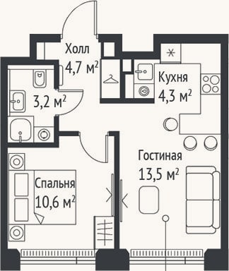 Планировка: 2-к, 36,3 м²