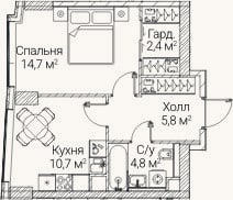 Планировка: 1-к, 38 м²