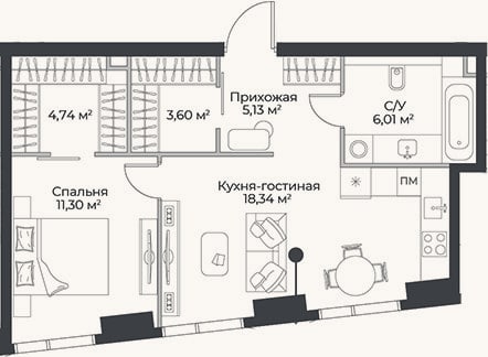 Планировка: 2-к, 49,1 м²