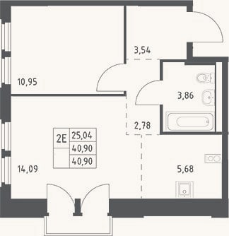 Планировка: 2-к, 40,9 м²