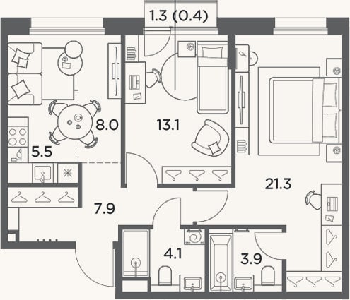 Планировка: 3-к, 63,8 м²