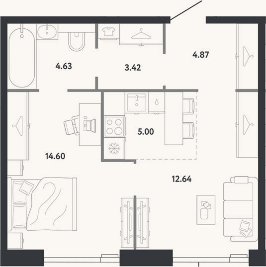 Планировка: 1-к, 45,2 м²