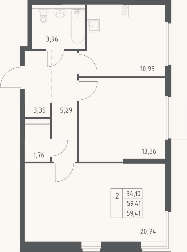 Планировка: 2-к, 59,4 м²