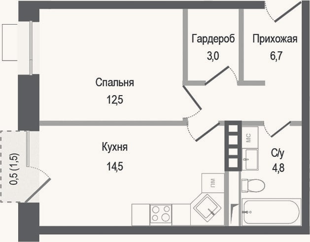 Планировка: 1-к, 41,5 м²