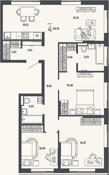 Планировка: 4+ к, 93,1 м²