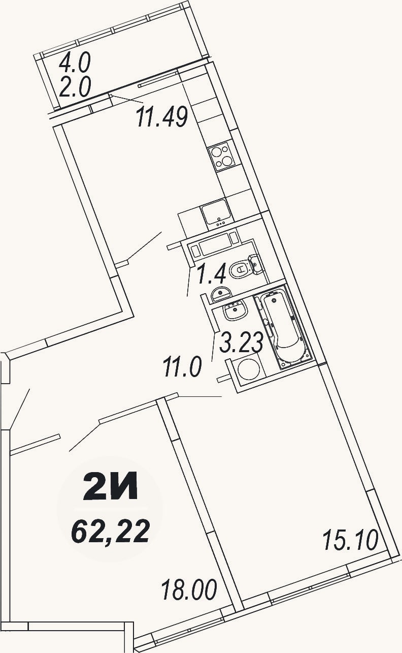 Планировка: 2-к, 60,2 м²