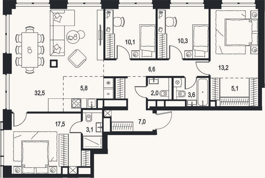 Планировка: 4+ к, 116,8 м²