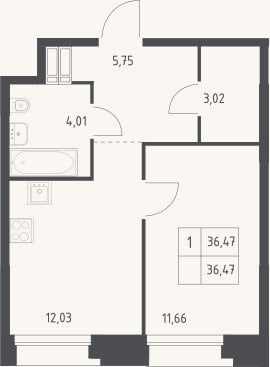 Планировка: 1-к, 36,5 м²
