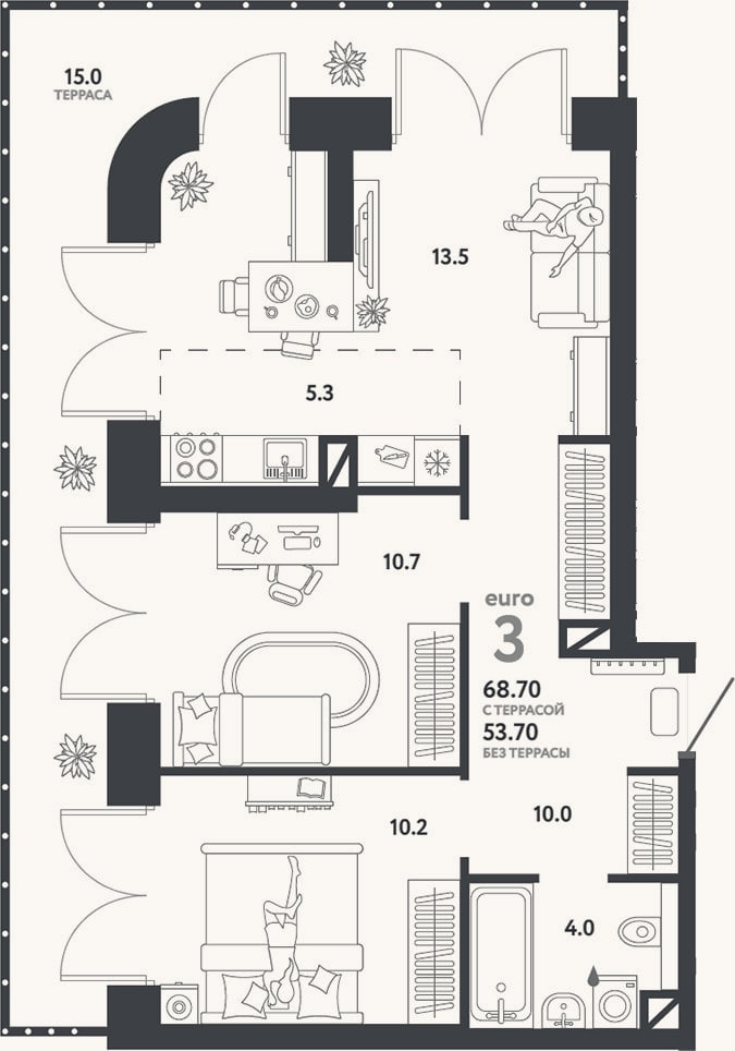 Планировка: 3-к, 53,7 м²