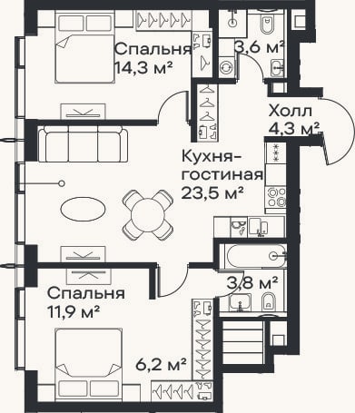 Планировка: 3-к, 67,6 м²