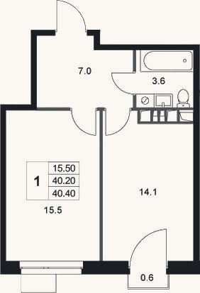 Планировка: 1-к, 40,2 м²