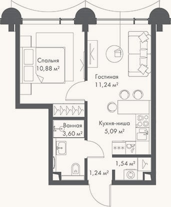 Планировка: 2-к, 33,6 м²