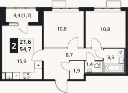 Планировка: 2-к, 53 м²