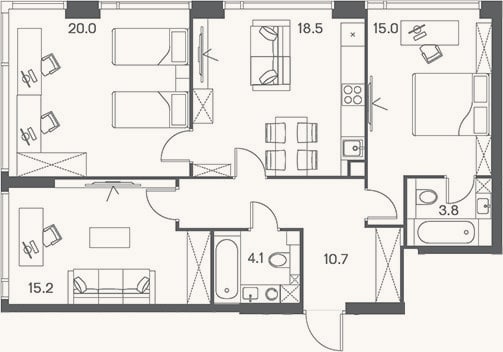 Планировка: 4+ к, 87,3 м²