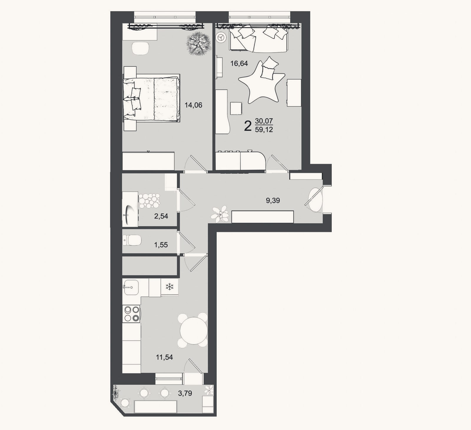 Планировка: 2-к, 57,2 м²