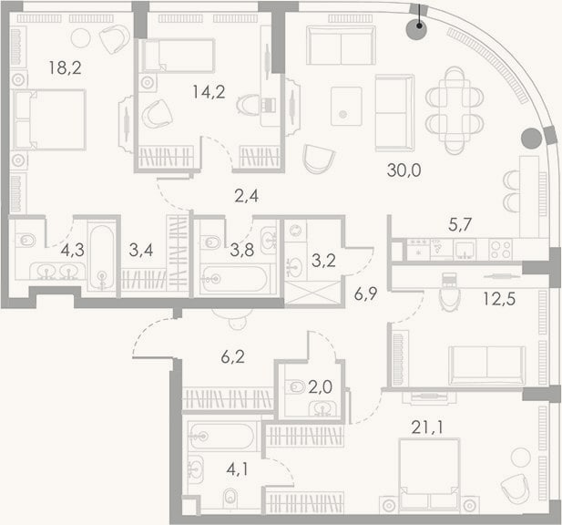 Планировка: 4+ к, 138 м²