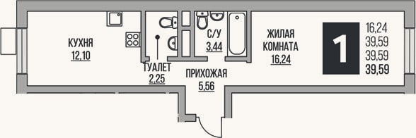 Планировка: 1-к, 39,6 м²