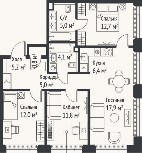 Планировка: 4+ к, 80,8 м²