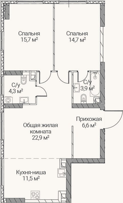 Планировка: 3-к, 79,6 м²