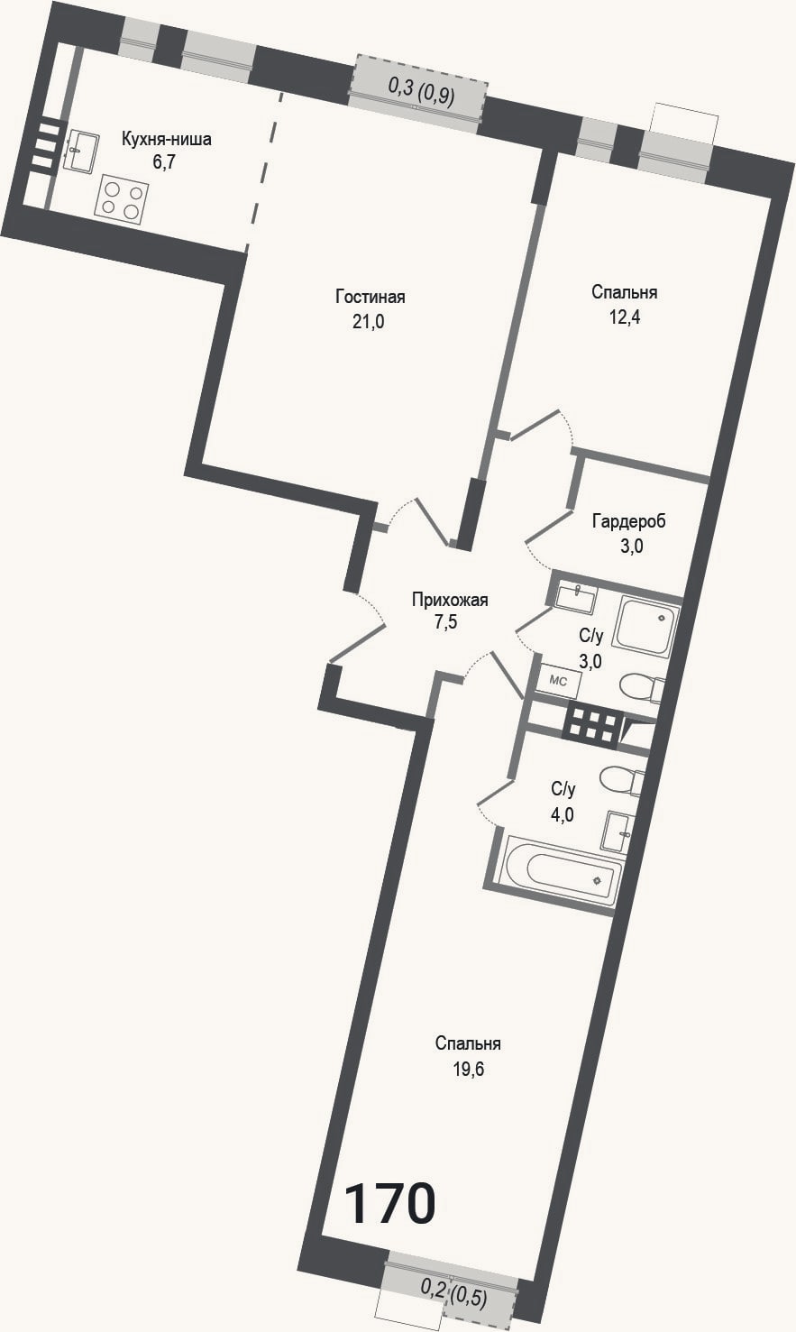 Планировка: 3-к, 77,2 м²