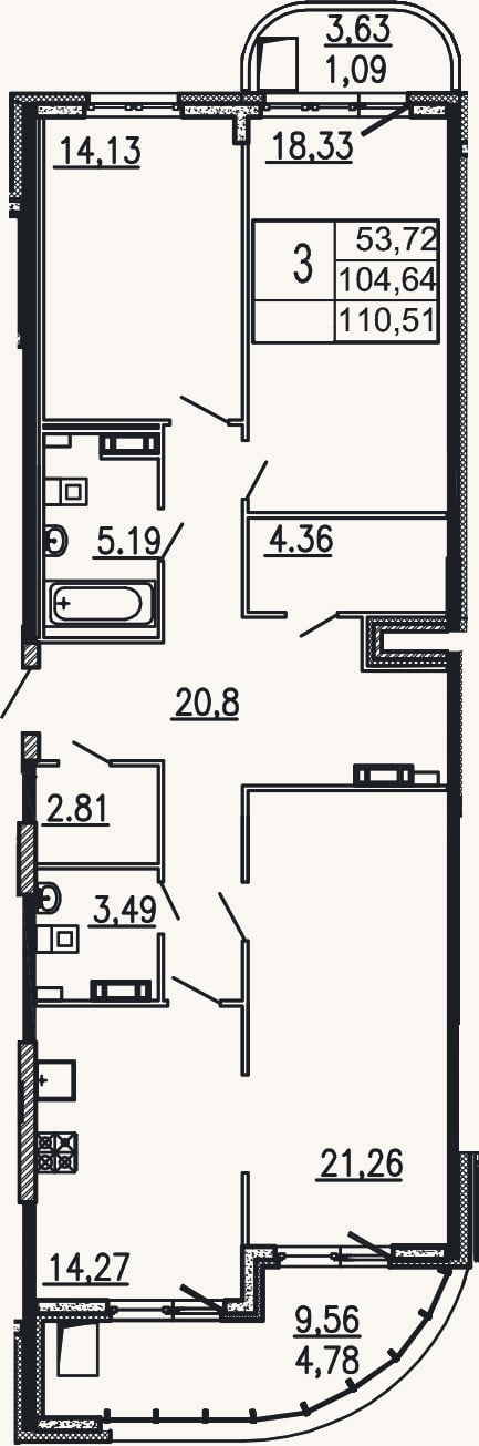 Планировка: 3-к, 104,6 м²
