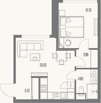 Планировка: 1-к, 44,4 м²