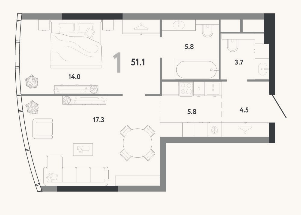 Планировка: 2-к, 51,1 м²