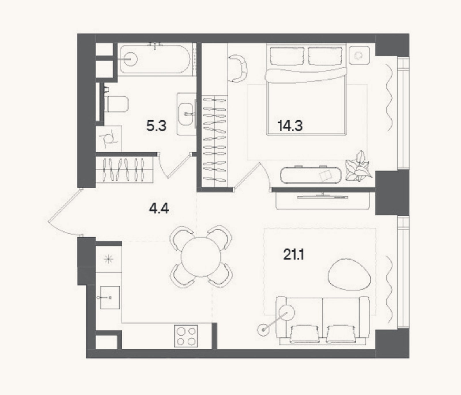 Планировка: 2-к, 45,1 м²