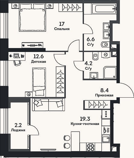 Планировка: 3-к, 68,1 м²