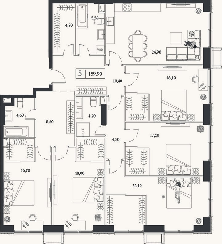 Планировка: 4+ к, 159,9 м²
