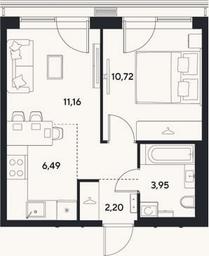 Планировка: 2-к, 34,5 м²