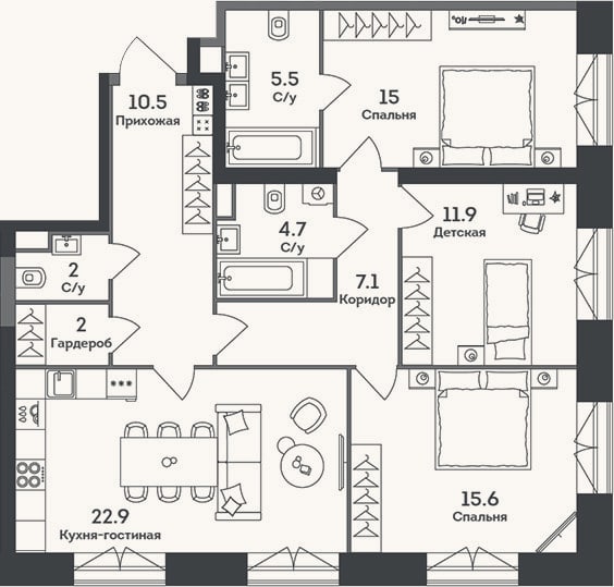 Планировка: 4+ к, 97,2 м²