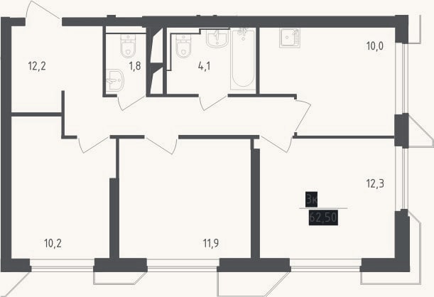 Планировка: 3-к, 62,5 м²