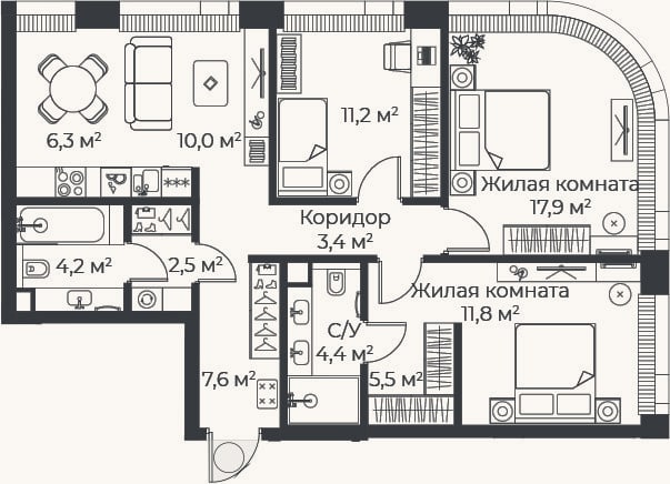 Планировка: 4+ к, 84,8 м²