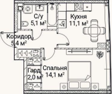 Планировка: 1-к, 37,2 м²