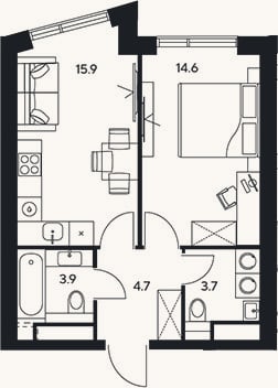 Планировка: 1-к, 42,8 м²