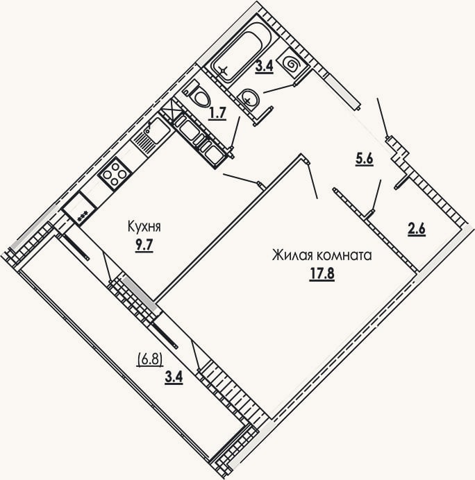 Планировка: 1-к, 40,8 м²