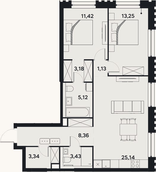 Планировка: 3-к, 74,4 м²