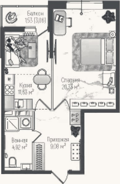 Планировка: 1-к, 46 м²