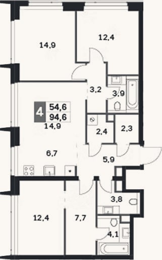 Планировка: 4+ к, 94,6 м²